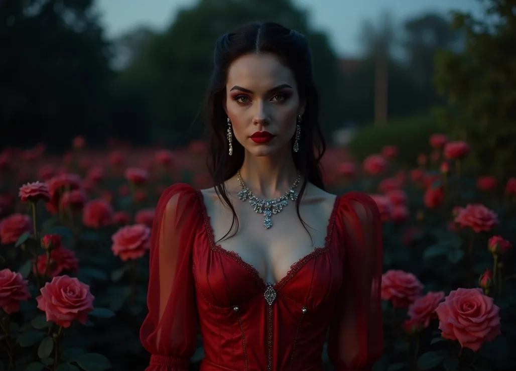 Vampire countess in crimson gown at midnight