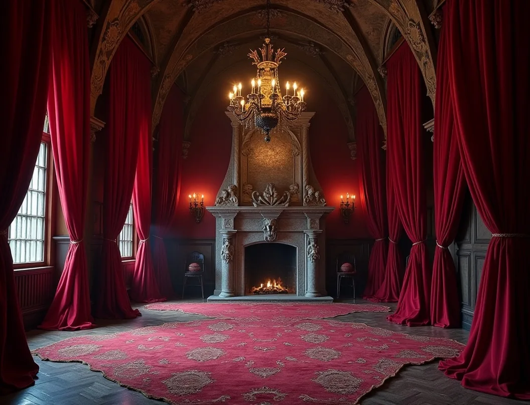 Dark grand hall interior with crimson drapes and iron chandeliers