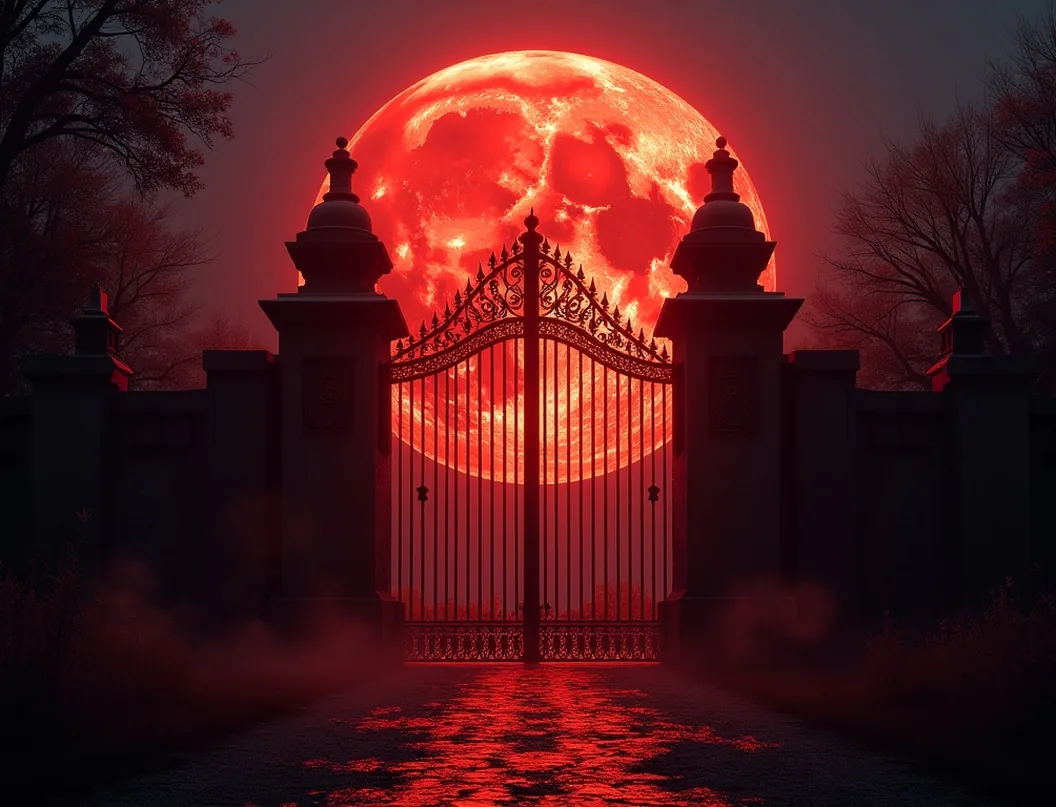 Blood moon behind gothic iron gate with crimson particles