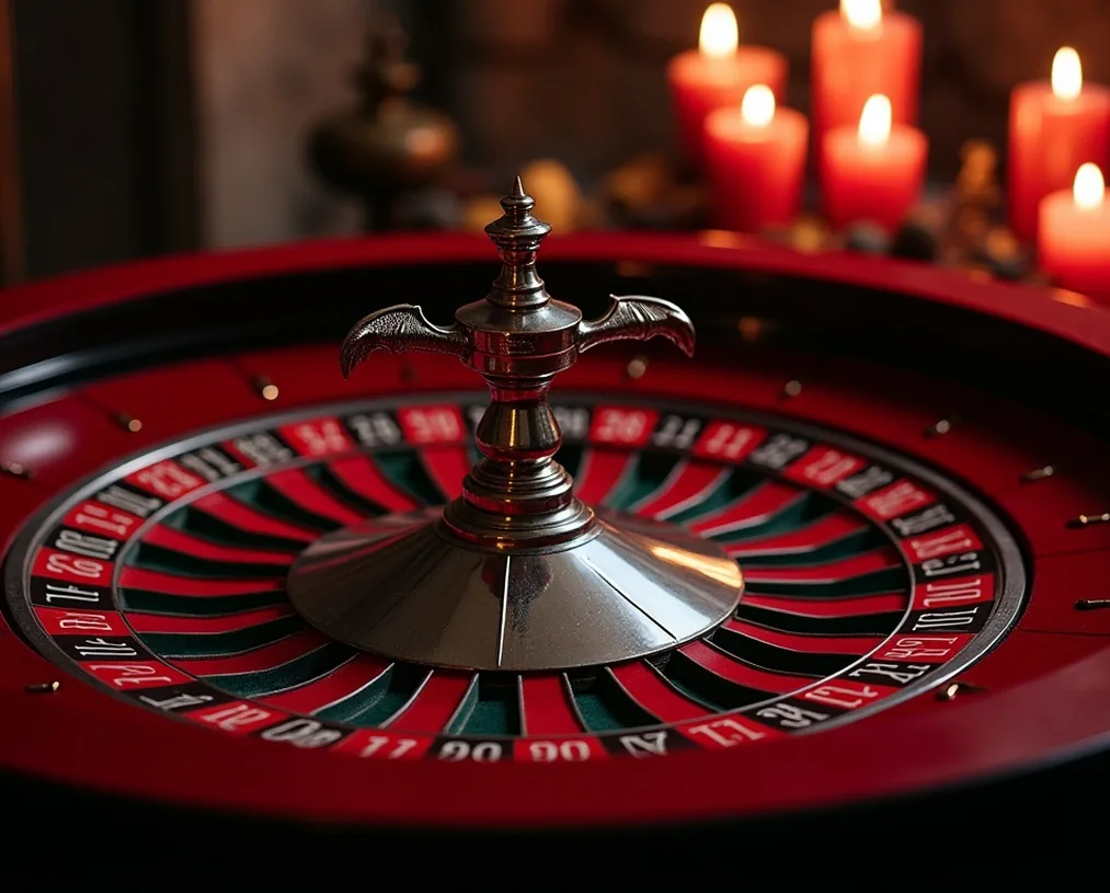 Vampire themed roulette wheel with crimson velvet and silver bat wing spokes