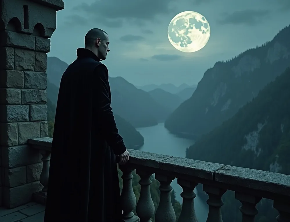 Vampire lord on castle balcony overlooking moonlit valley